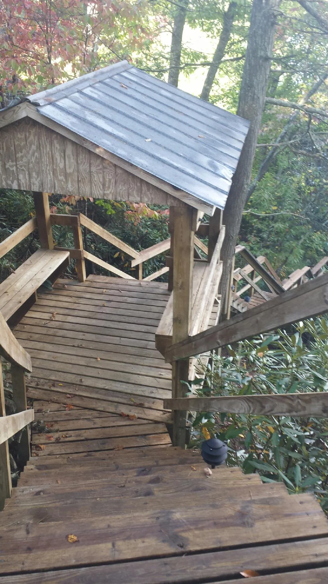 Metal roofed shelter over wooden steps on a wooded walkway — Skylight Repair & Installation work by our crew in Algodones